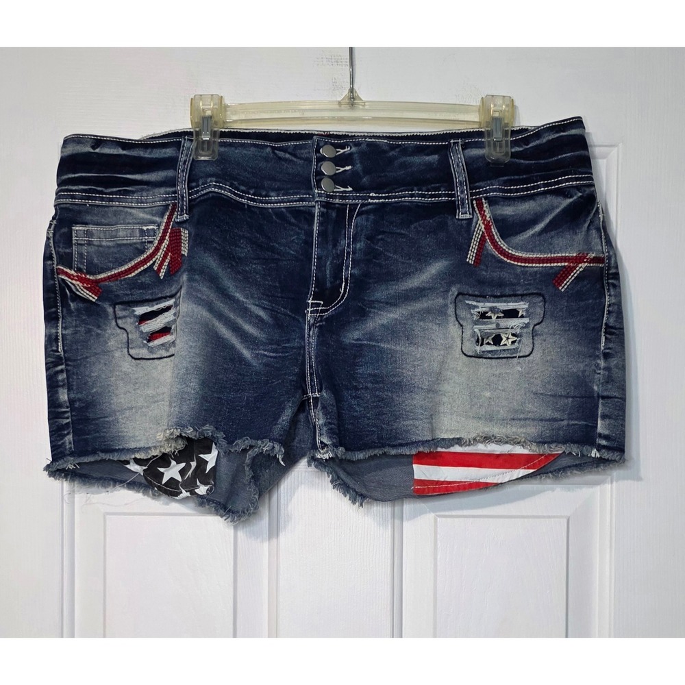 Flamingals‎ Womens Patriotic American Flag Distressed Denim Shorts Blue XXXL